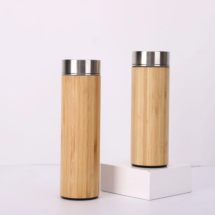 380ml/500ml Smart Water Bottle Stainless Steel Bamboo Vacuum Flask with Temperature Display Lid